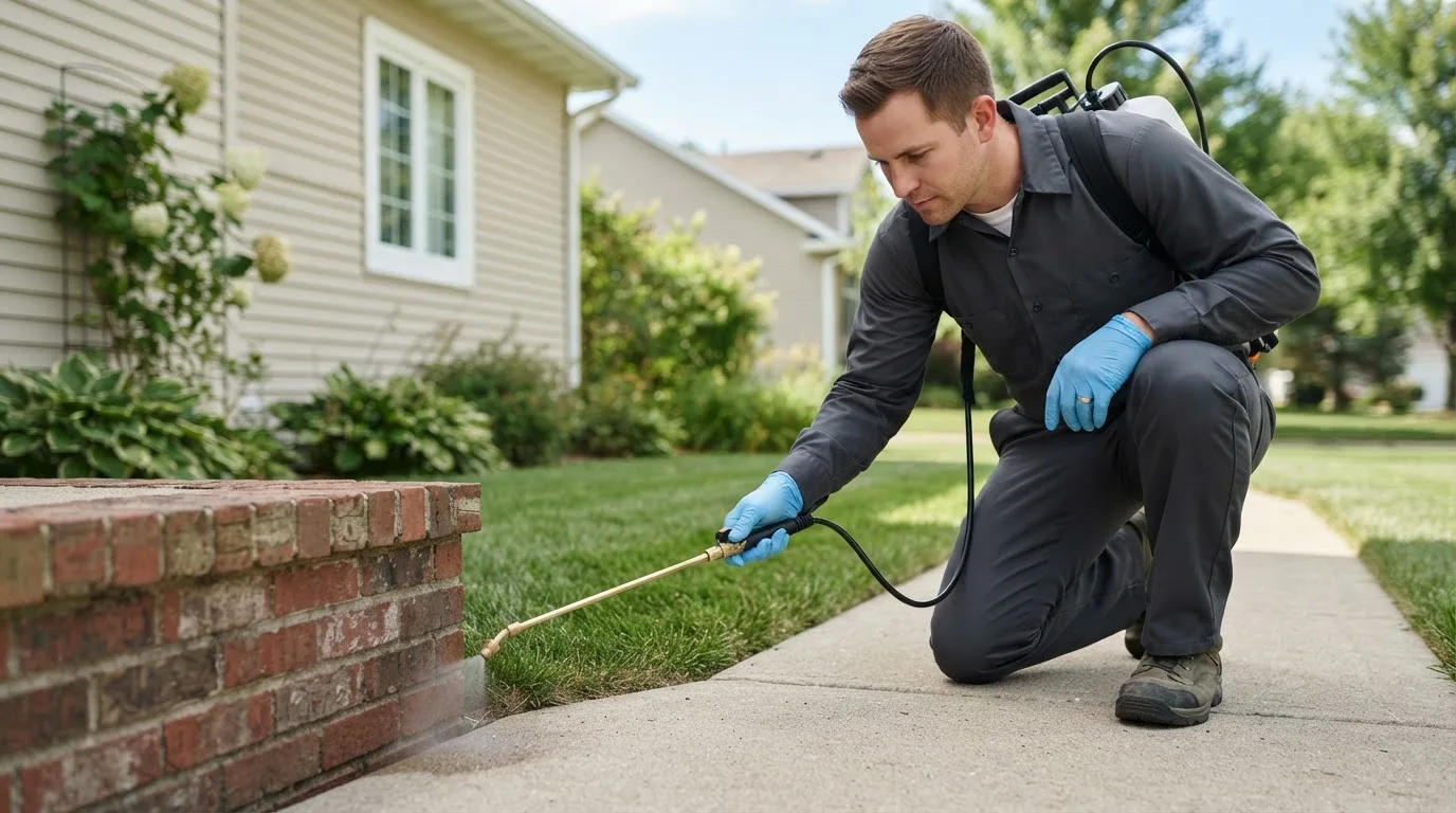 Pest control technician treating a home near Douglassville, TX